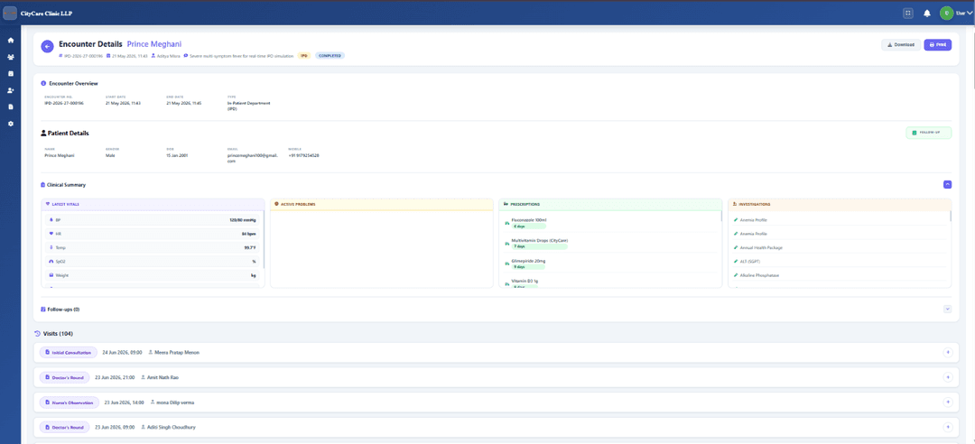Doctor consultation encounter details and digital EMR prescription desk inside Cliniqwise hospital management software
