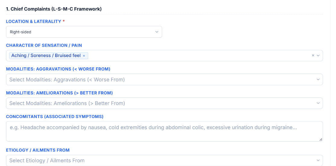 Homeopathic EMR chief complaints case taking interface showing L-S-M-C framework with laterality, sensation, and modalities