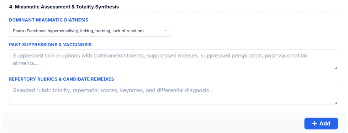 Miasmatic assessment and suppression history module tracking Psora, Sycosis, and Syphilis diathesis
