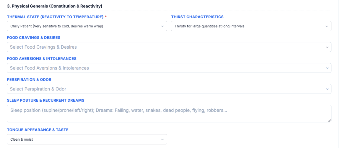 Digital constitutional generals tracker documenting thermal state, thirst, food cravings, and sleep posture