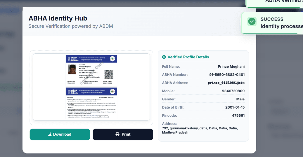 CliniqWise ABDM M1 ABHA Card Verification Screen displaying 14-digit patient health ID