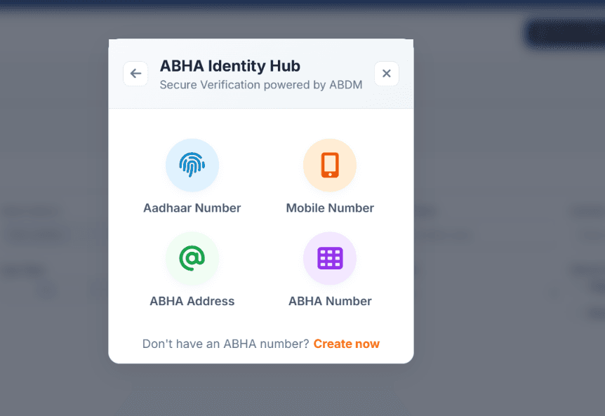 ABDM M1 Login Methods Screen showing Aadhaar OTP, Mobile OTP, and ABHA Address login options