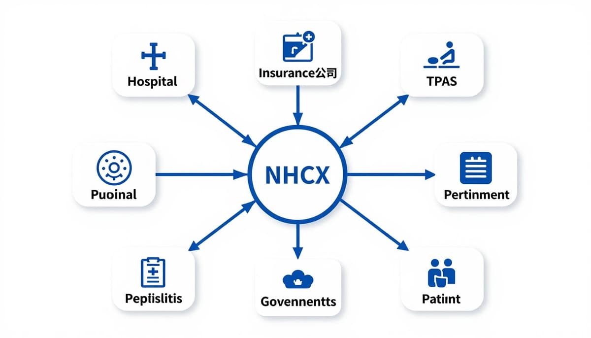 NHCX National Health Claims Exchange architecture workflow diagram connecting hospital HIS to insurance payers and TPAs via FHIR R4